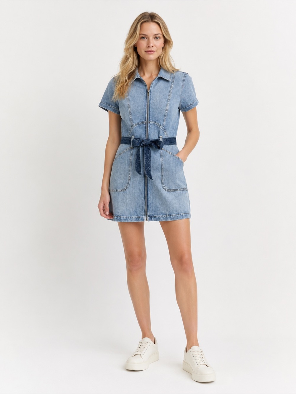 Alice + Olivia Light Blue Denim Mini Dress with Navy Tie Belt